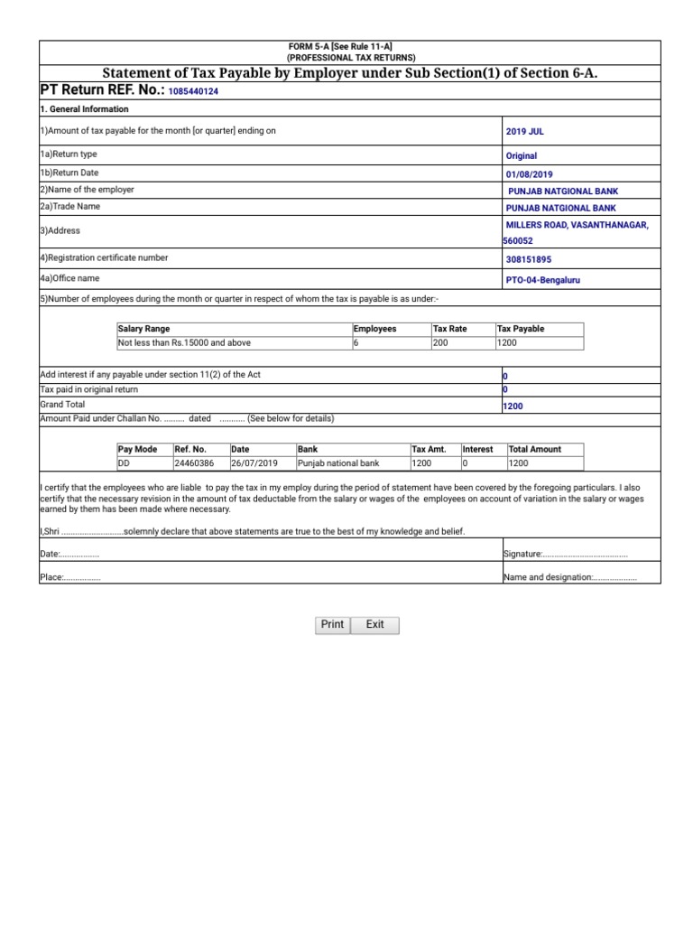 PT Return REF. No.:: Statement of Tax Payable by Employer Under Sub ...