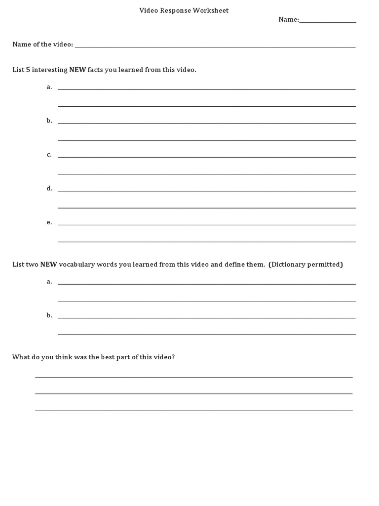 Video Response Worksheet PDF