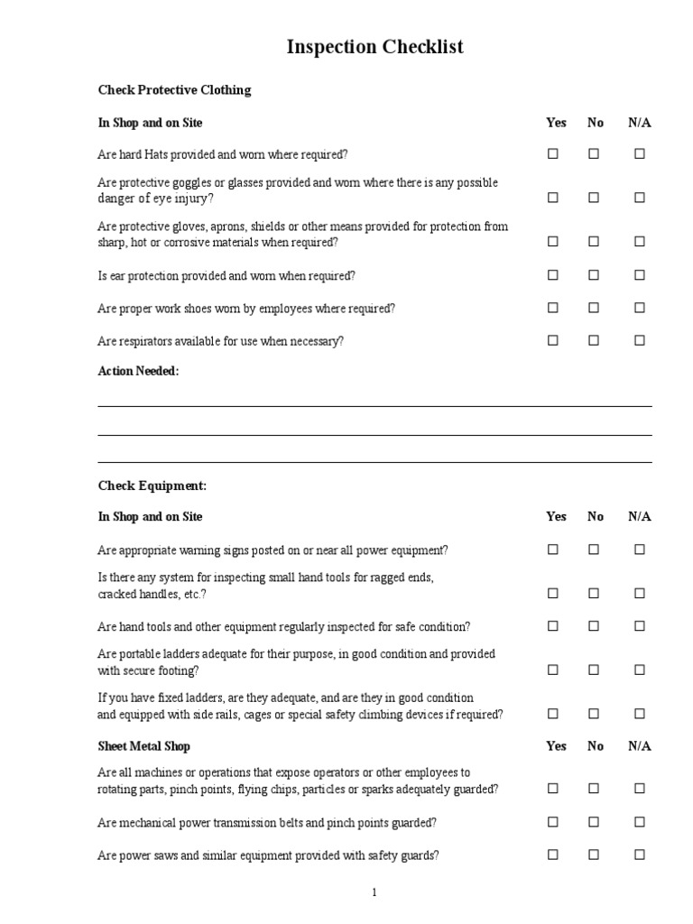 Inspection Checklist: Check Protective Clothing Yes No N/A | PDF ...