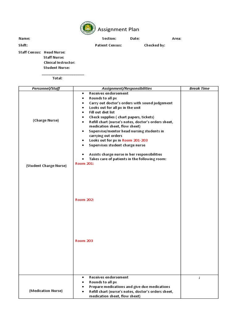 TEMPLATE Assignment Plan (Nursing)  Nursing  Patient In Charge Nurse Report Sheet Template