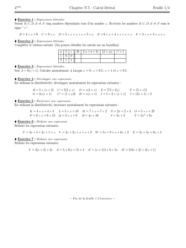 Calcul Littéral : Exercices Corrigés Pdf Calcul Litteral Exos Supp + Correction | PDF | Algèbre | Mathématiques  élémentaires