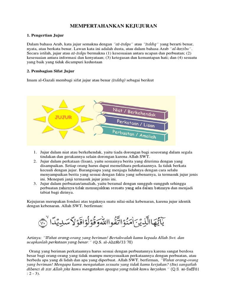 Mempertahankan Kejujuran 1 Pengertian Jujur