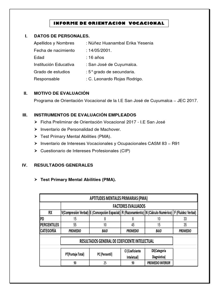 Informe De Orientación Vocacional: Factores Evaluados Aptitudes