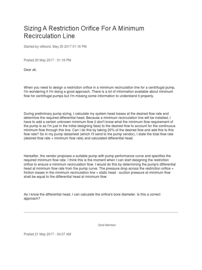 Restriction Orifice Sizing For A Minimum Recirculation Line PDF