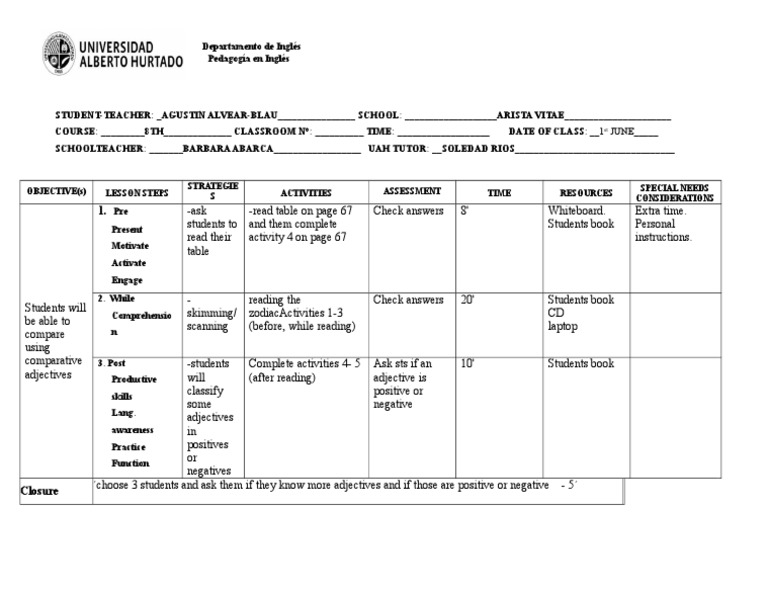 8th Grade English Lesson Plan: Adjectives | PDF | Reading Comprehension ...