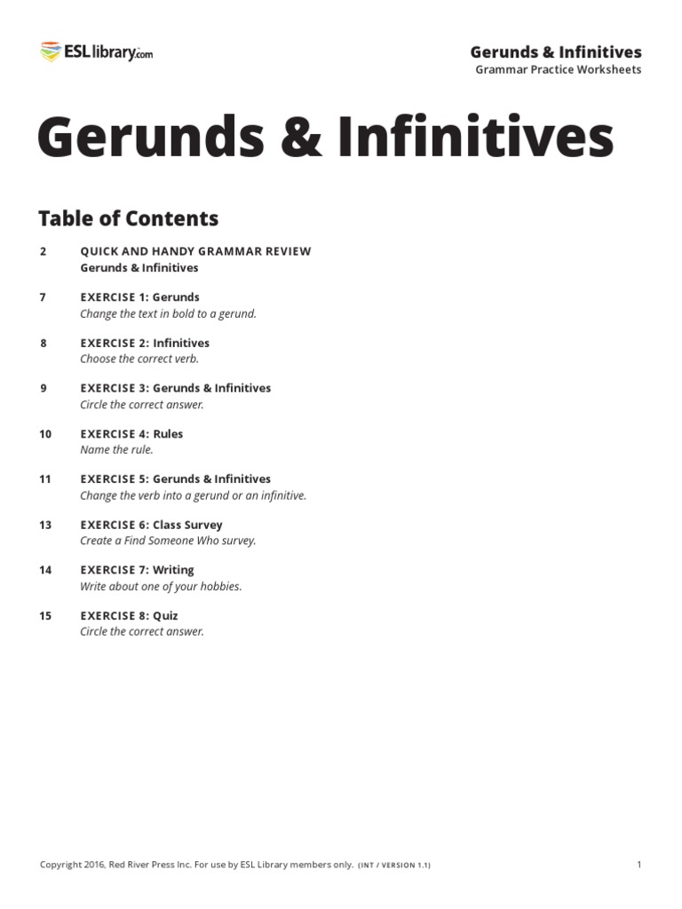 Gerunds Infinitives Grammar Practice Worksheets Esl Library Object Grammar Verb
