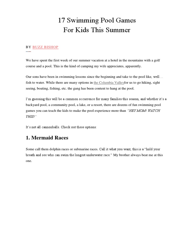 17 Fun Swimming Pool Games to Entertain Kids This Summer PDF Swimming Pool Diving