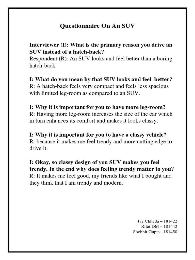 SUV Preference Questionnaire Insights | PDF