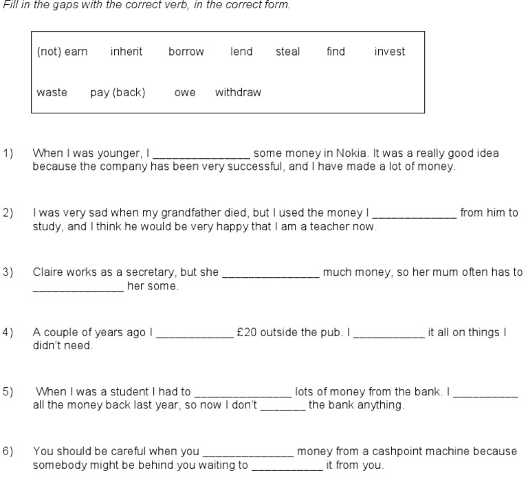 money vocabulary worksheet 5
