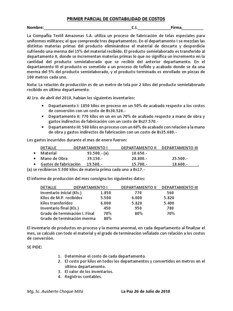 Primer Parcial de Contabilidad de Costos | PDF | Inventario | Economias