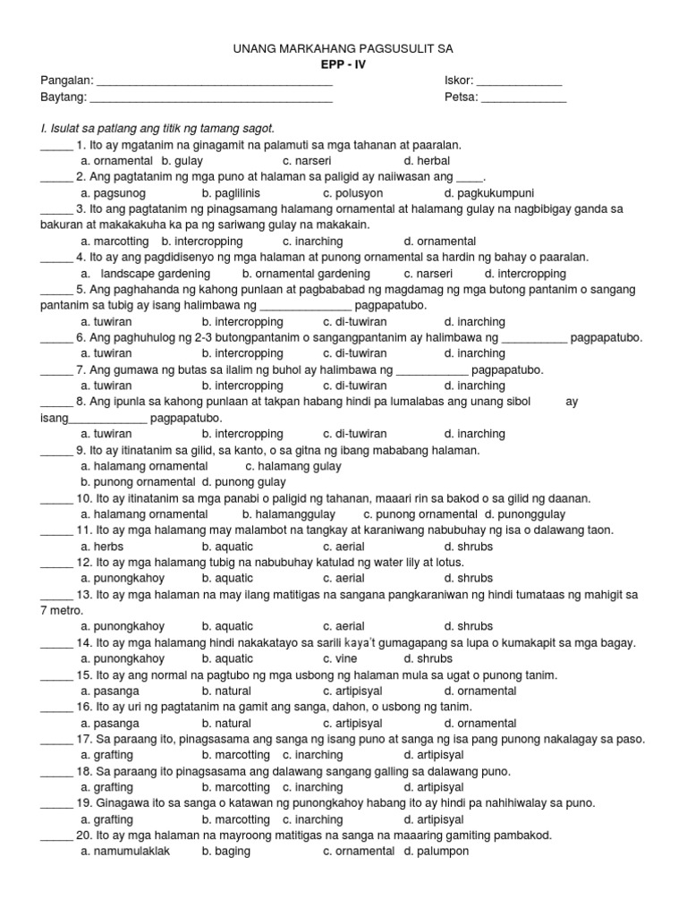 Grade 4 First Periodical Test In Epp Pdf