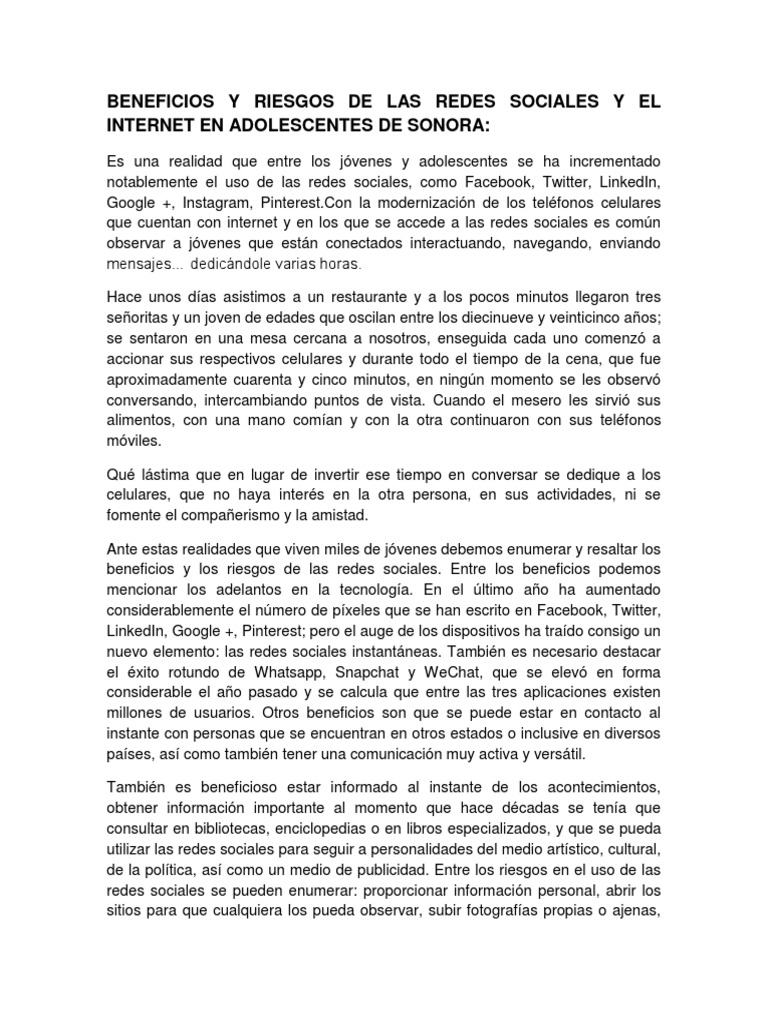 Beneficios y Riesgos de Las Redes Sociales y El Internet en ...