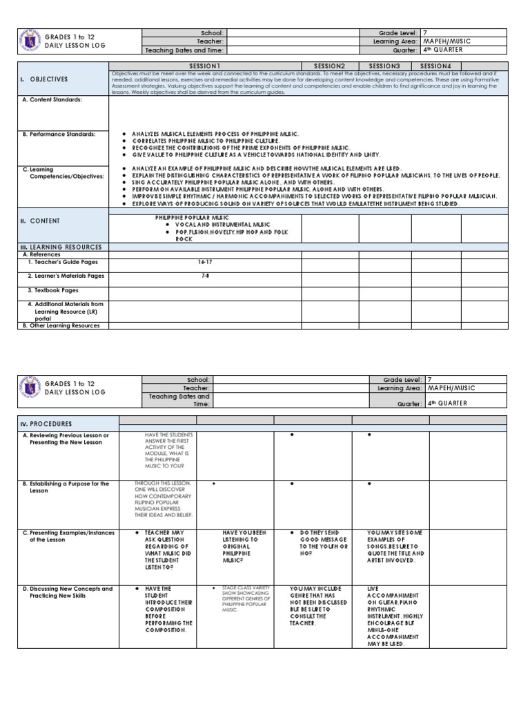 Grade 7 MAPEH Music Lesson Plan | PDF | Teachers | Popular Music