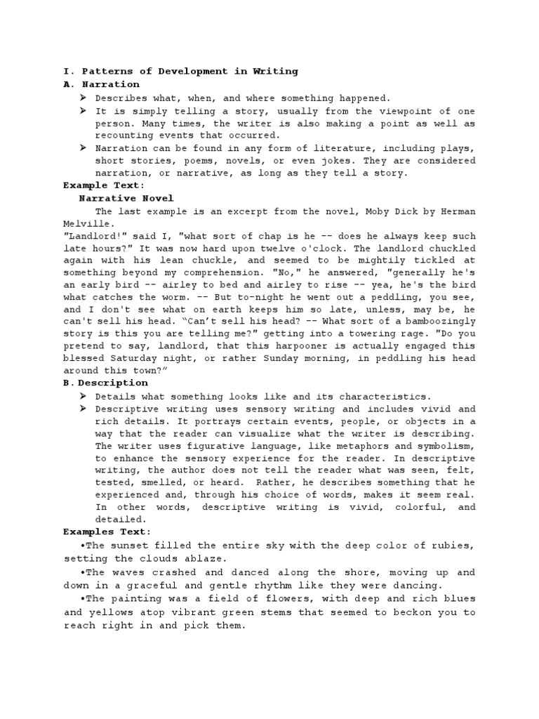I Patterns Of Development In Writing A Narration Pdf Organized