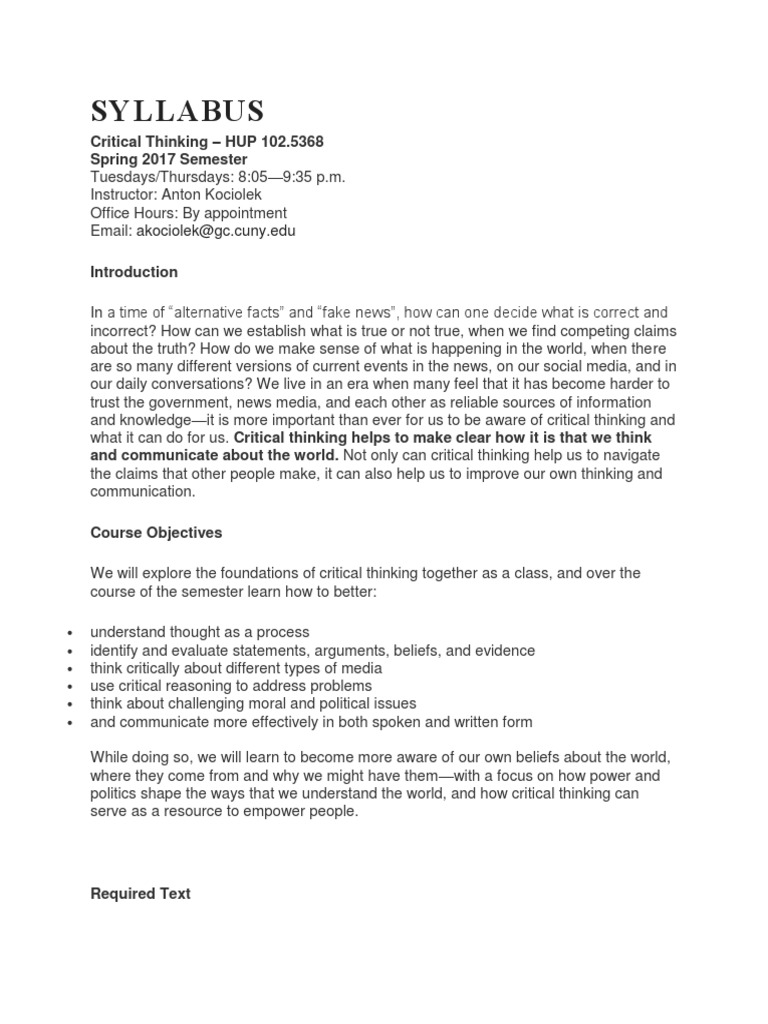 Critical Thinking Syllabus | PDF | Critical Thinking | Academic Dishonesty
