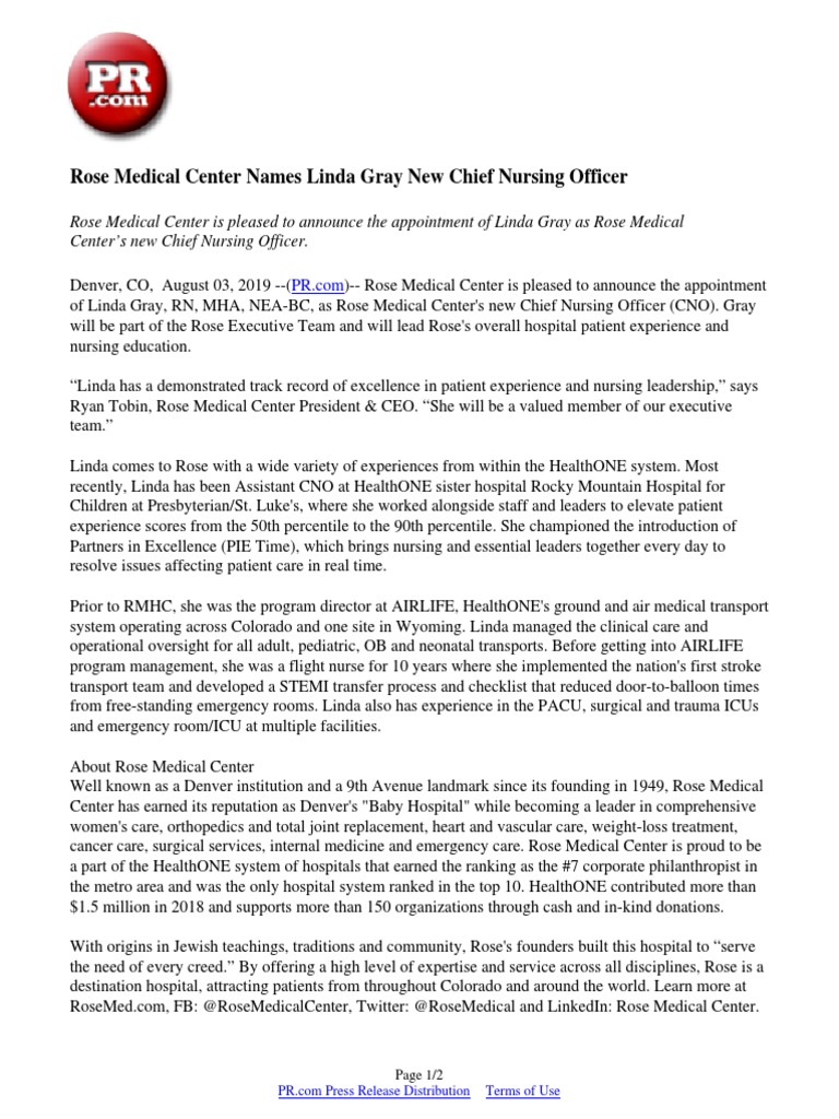 Rose Medical Center Names Linda Gray New Chief Nursing Officer PDF