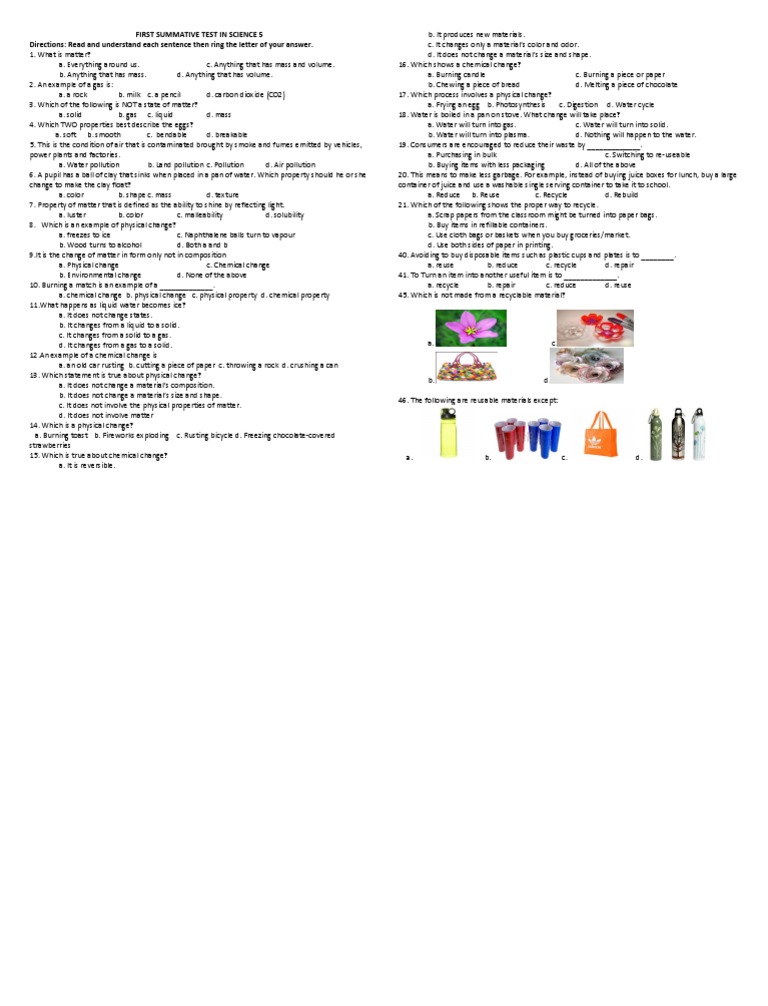 Science 5 Quarter 1 Summative Test | PDF | Reuse | Recycling