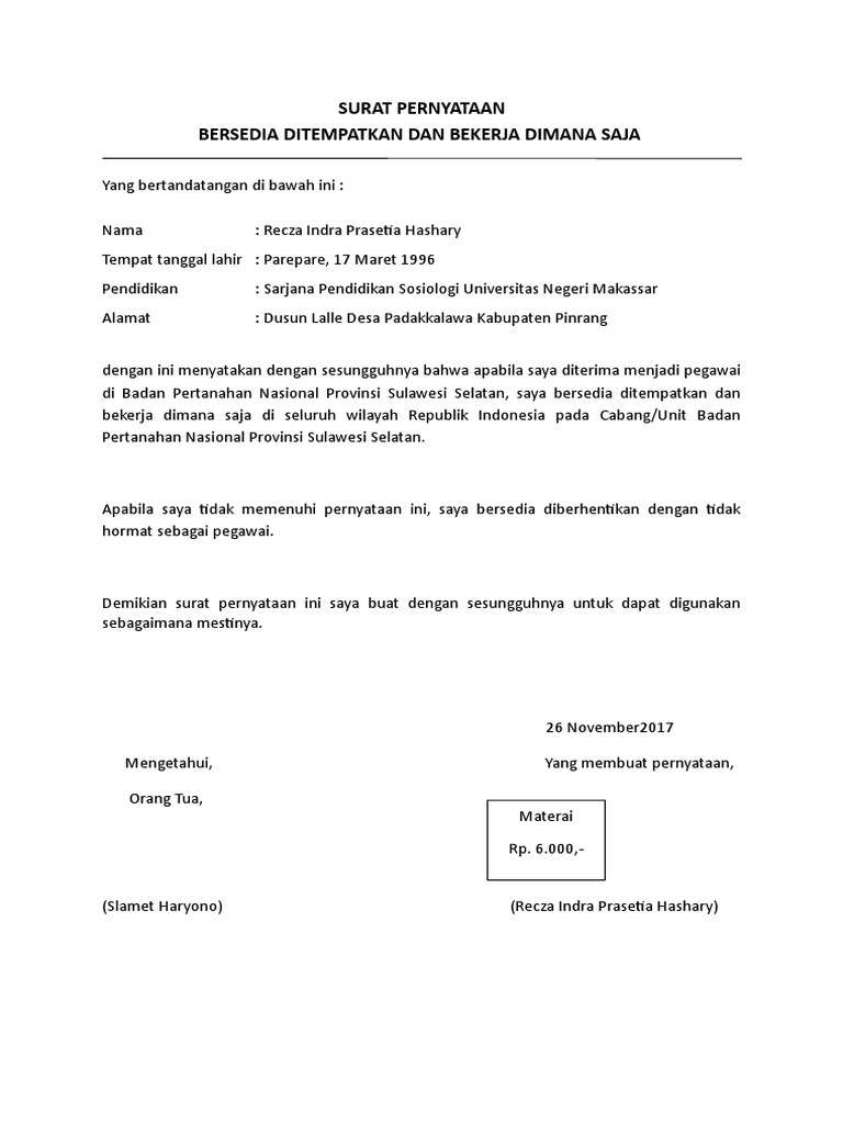 Surat Pernyataan Bersedia Ditempatkan Dimana Saja