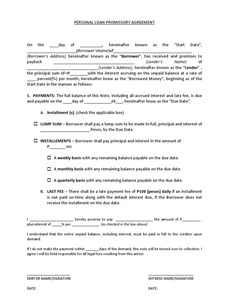 Personal Loan Promissory Note Template | PDF | Finance & Money Management