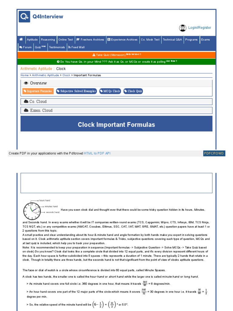 Clock Important Formula and Trick To Solve Any Clock MCQs PDF Hour Test (Assessment)