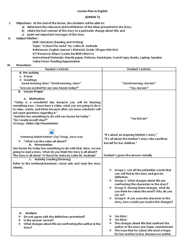 A Shawl For Anita LP PDF Lesson Plan Behavior Modification