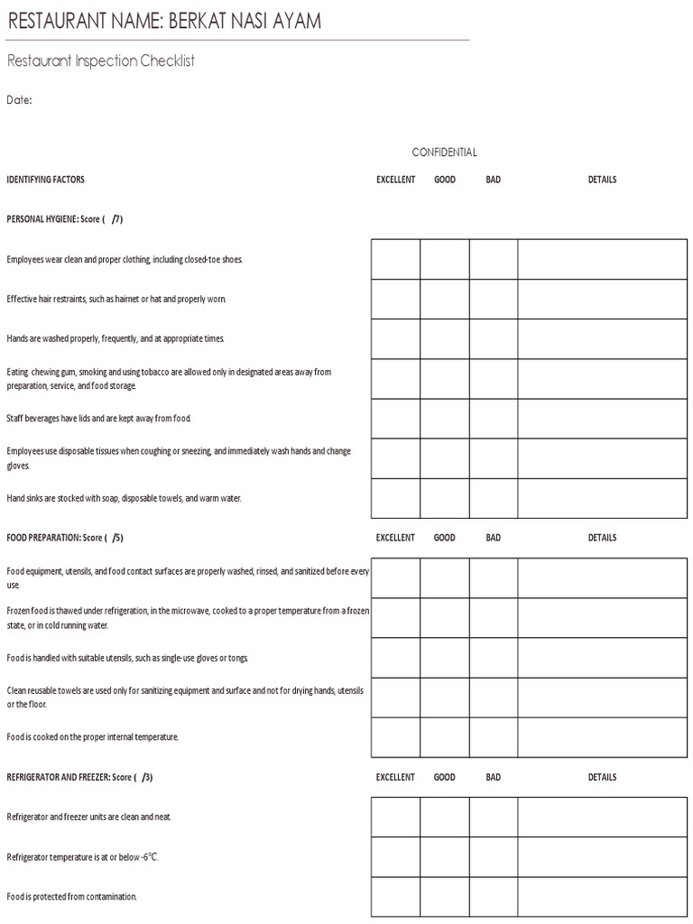 Restaurant Inspection Checklist: Date | PDF | Food Storage | Foods