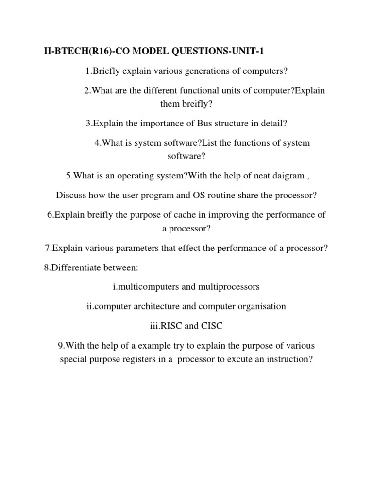 B.Tech Unit 1 Computer Architecture Questions | PDF