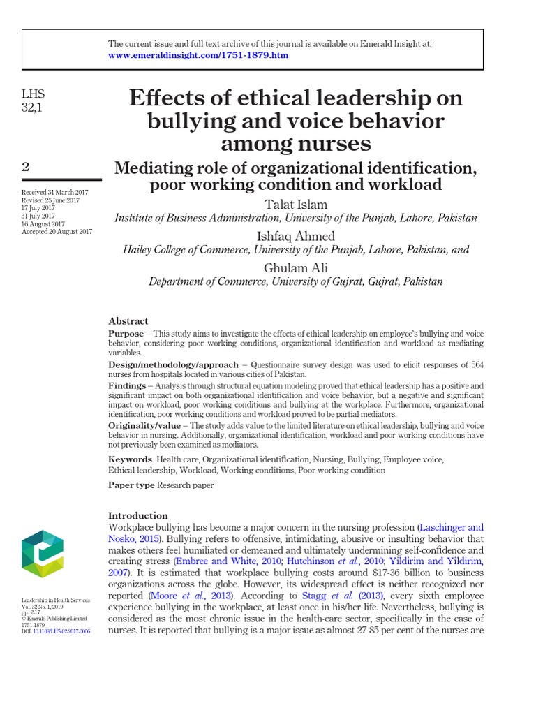 E Ffects of Ethical Leadership On Bullying and Voice Behavior Among ...