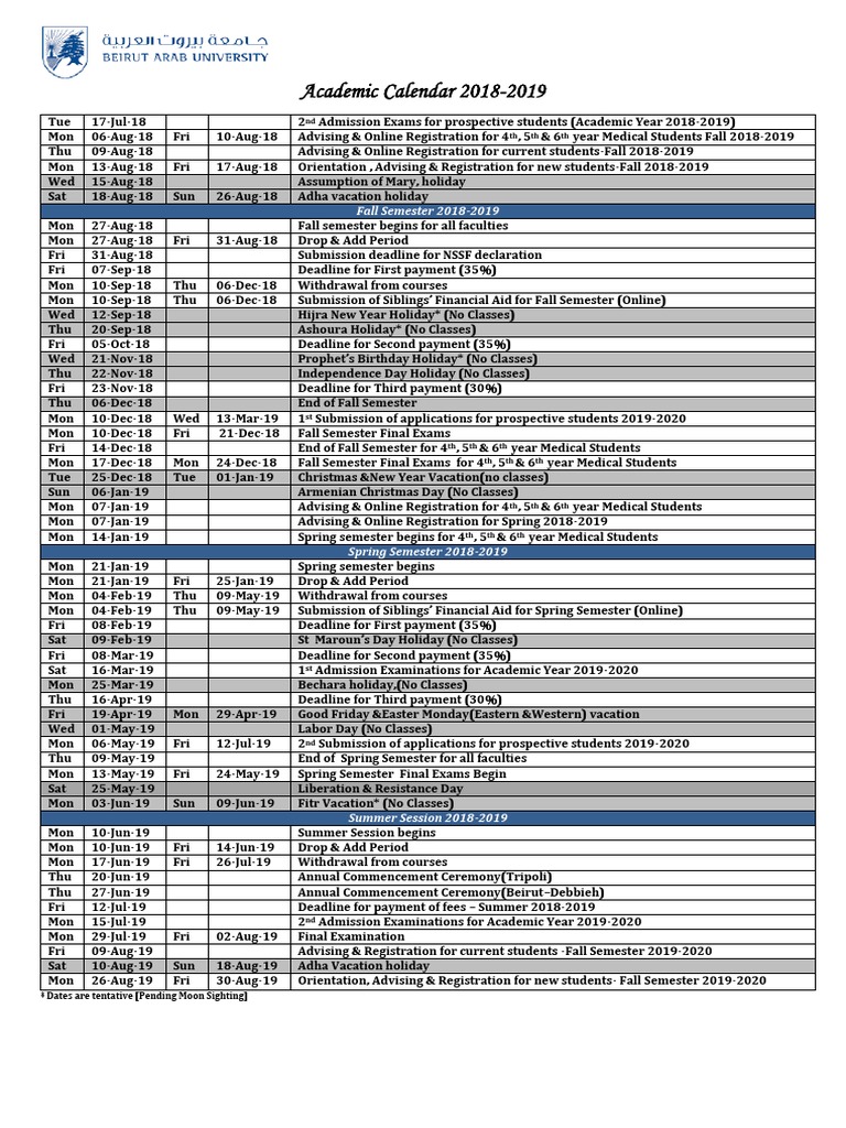 Calendar BAU PDF Academic Term Holidays