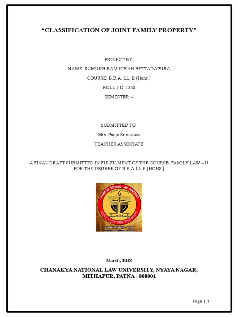 Family Law Project On The Classification of Joint Family Property | PDF ...