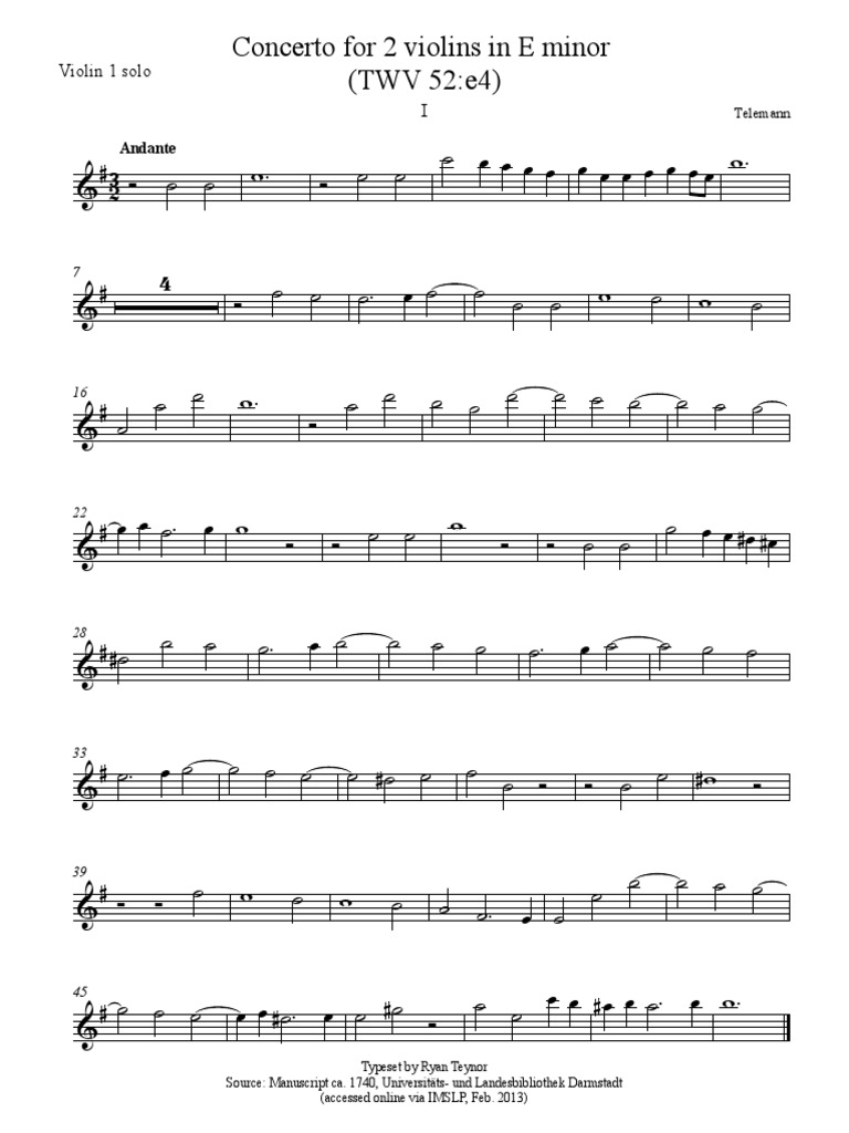 Concerto For 2 Violins in E Minor (TWV 52:e4) : Violin 1 Solo I | PDF ...