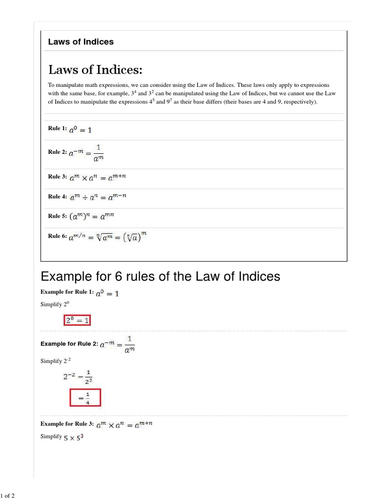 Laws of Indices Example For 6 Rules of The Law of Indices PDF