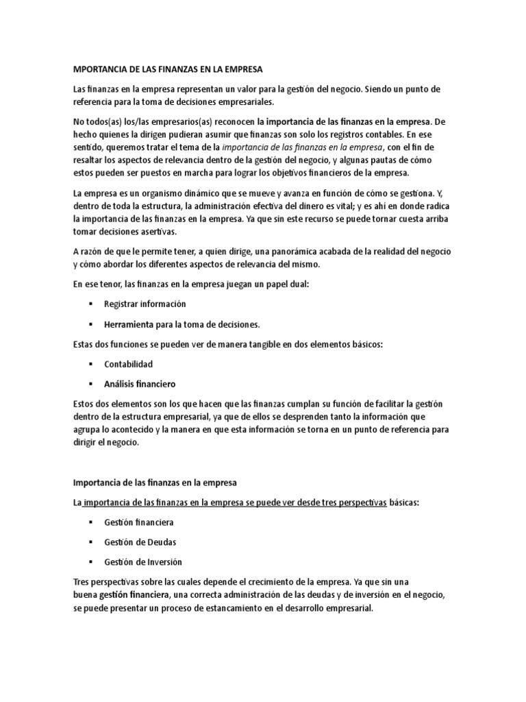 Importancia de las Finanzas Empresariales | PDF | Planificación ...