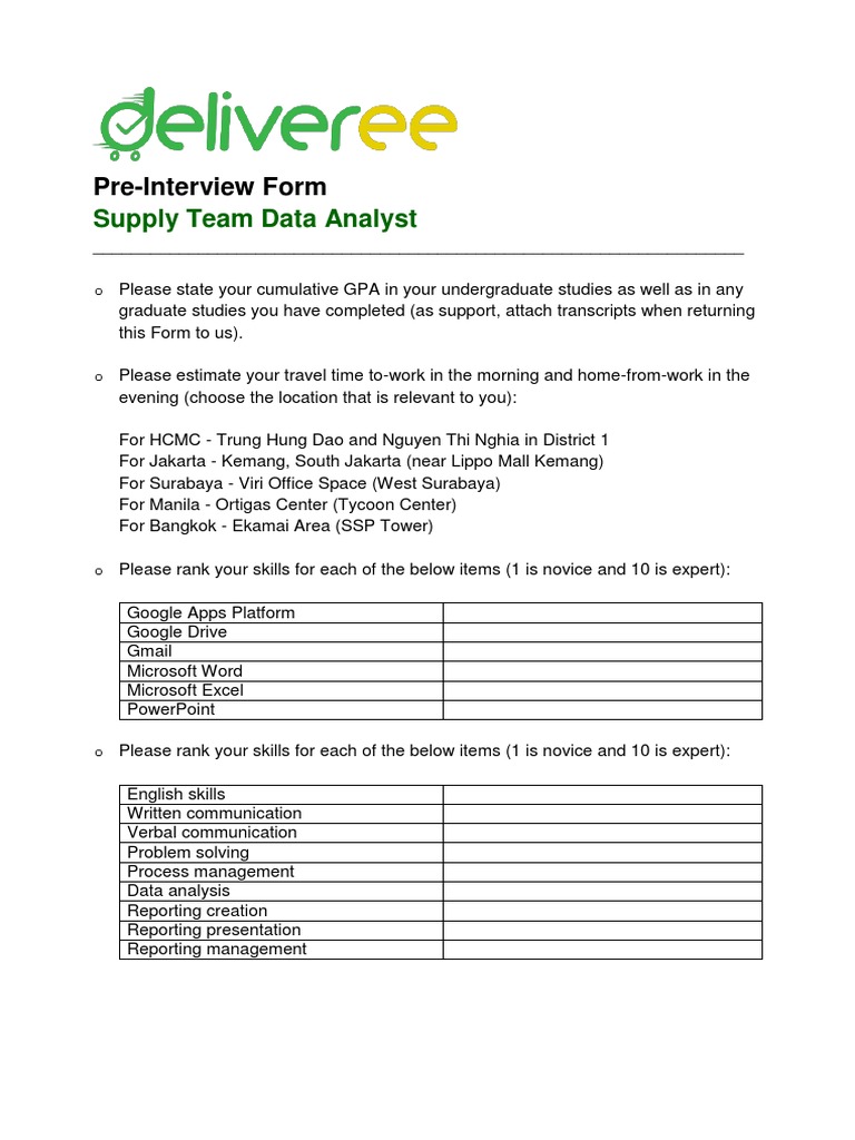 Pre-Interview Form: Supply Team Data Analyst | PDF | Business