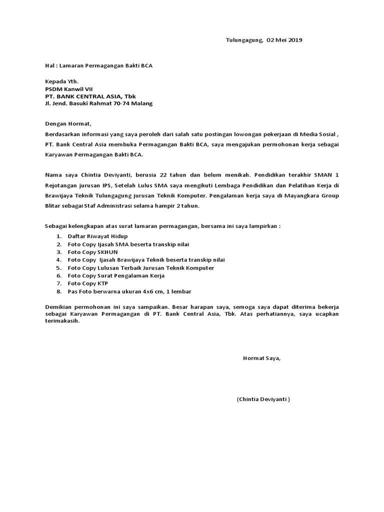 Contoh Surat Lamaran Magang Bakti Bca