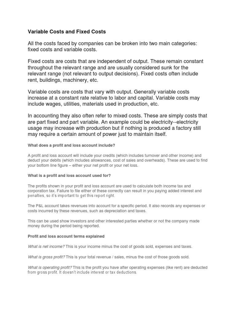 Variable Costs and Fixed Costs PDF Net Statement