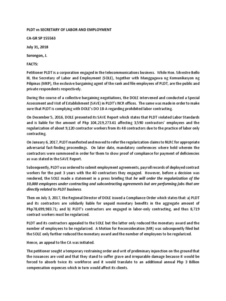 PLDT Labor Contracting Dispute Analysis | PDF | Independent Contractor ...
