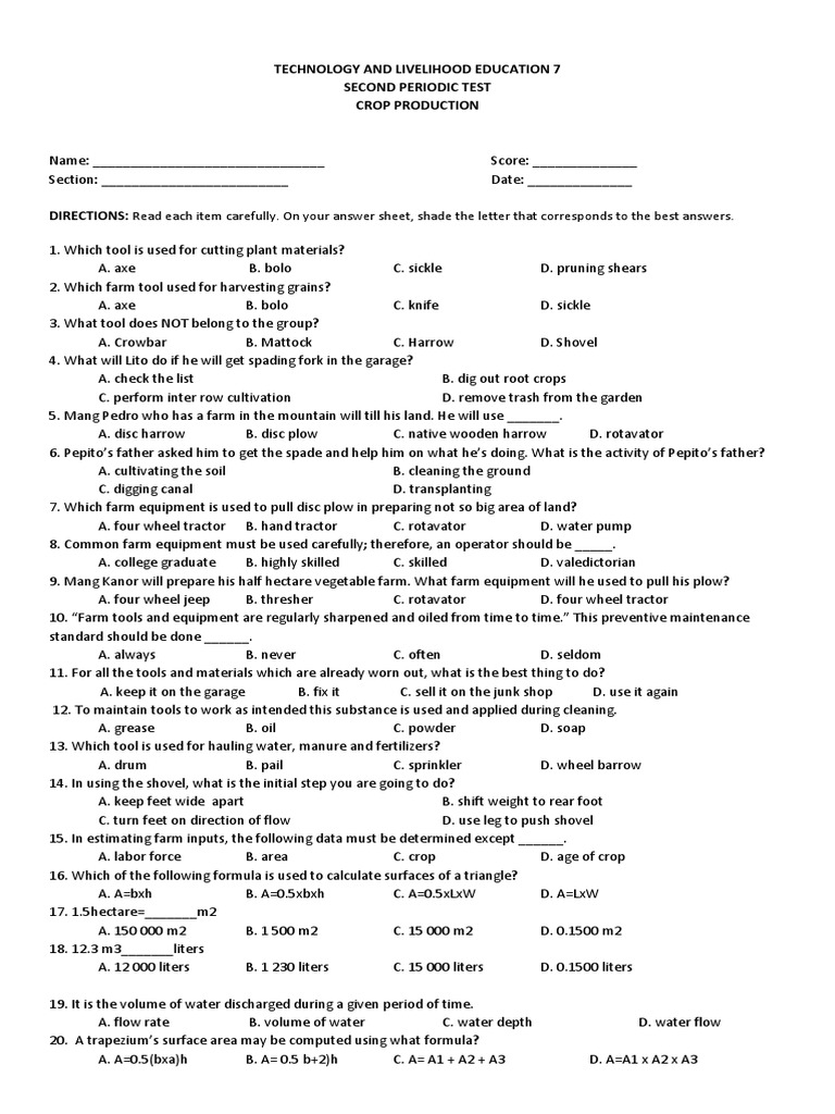 Periodical Test CROP PRODUCTION 7 PDF Agricultural Machinery Seed