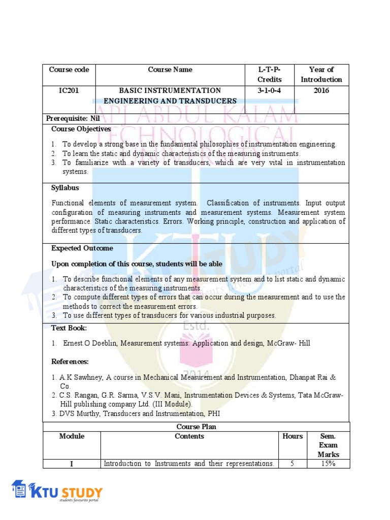 Basic Instrumentation Engineering and Transducers S3 Syllabus PDF
