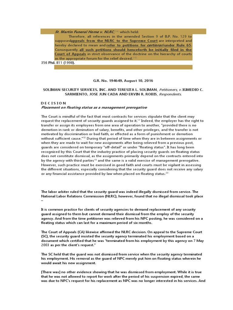 St. Martin Funeral Home v. NLRC PDF Security Guard Employment