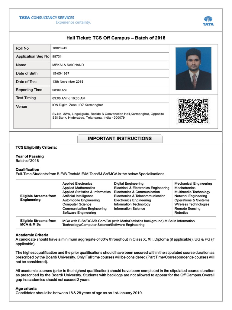 TCS Off Campus Hall Ticket 2018 | PDF | Engineering | Test (Assessment)