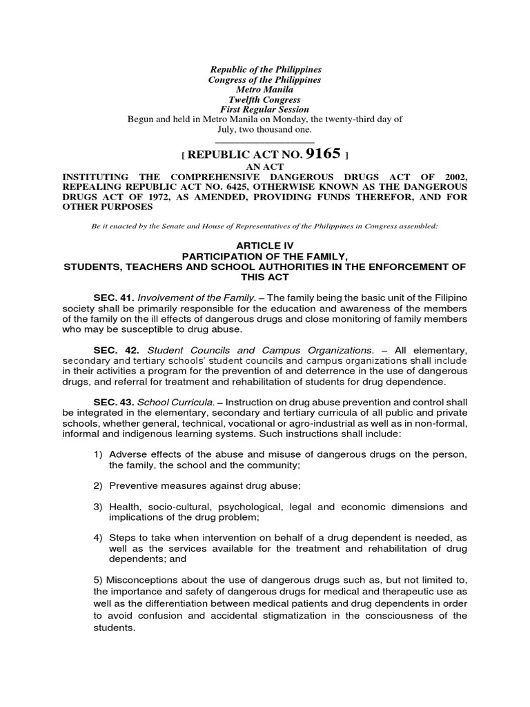 Family and School Roles in RA 9165 | PDF | Substance Abuse | Drug ...