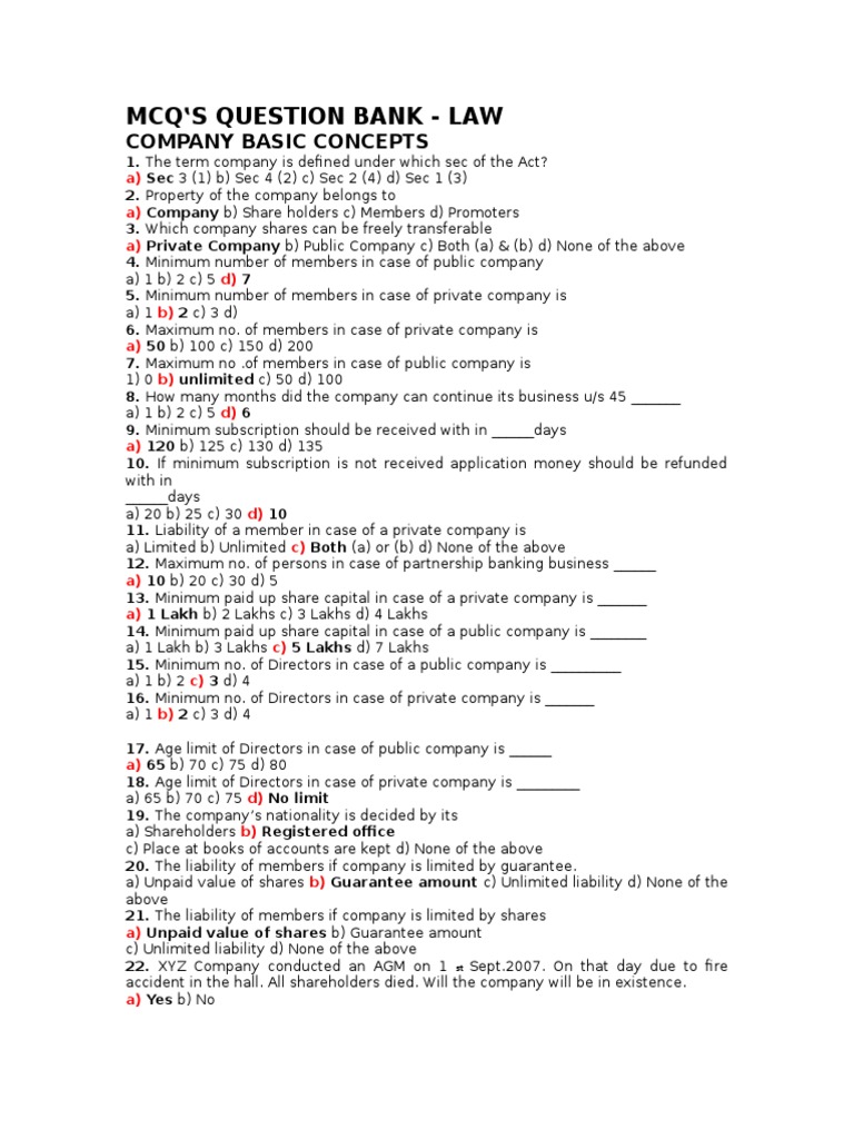 MCQ S Question Bank Law Company Basic Concepts PDF Stocks
