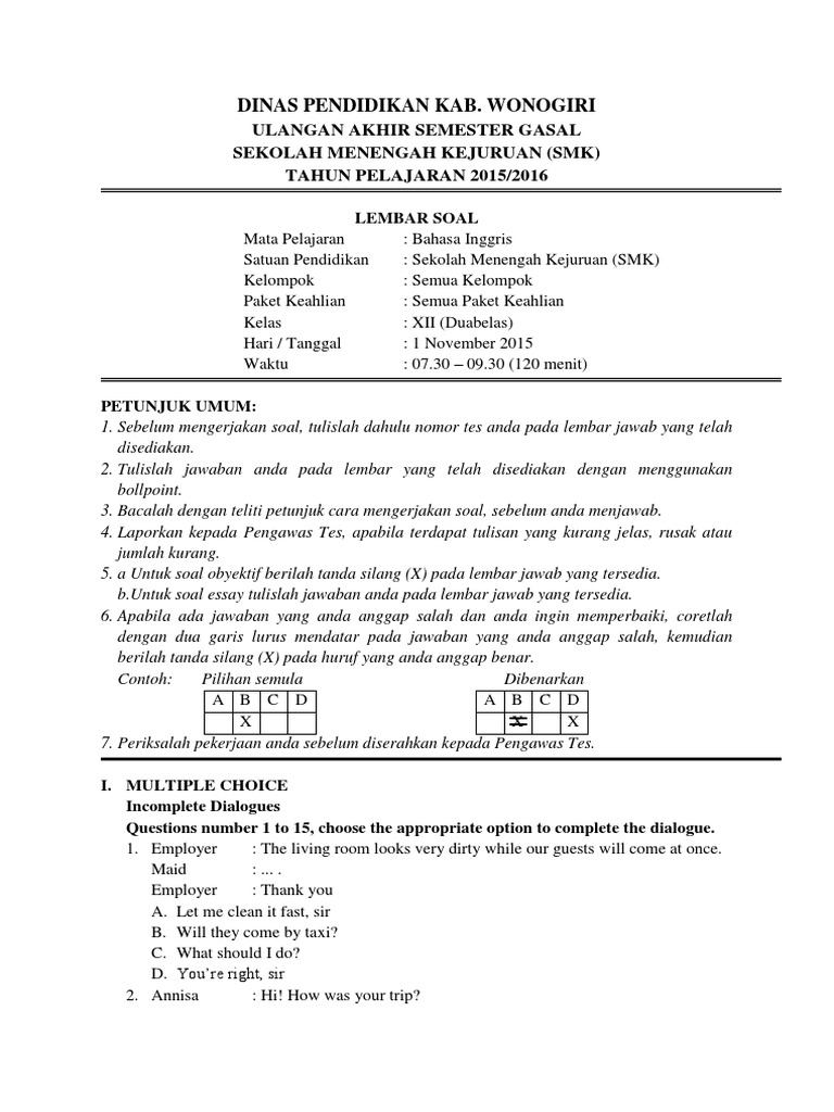 Contoh Soal Dialogue Dan Jawabannya Contoh