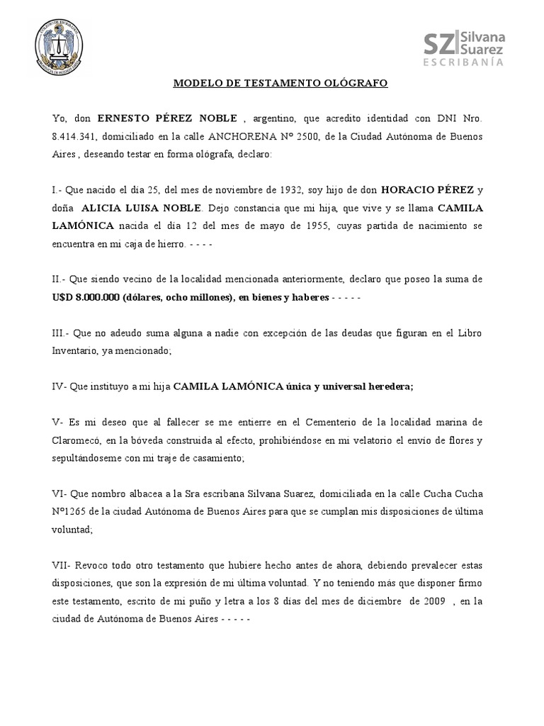 MODELO DE TESTAMENTO OLÓGRAFO