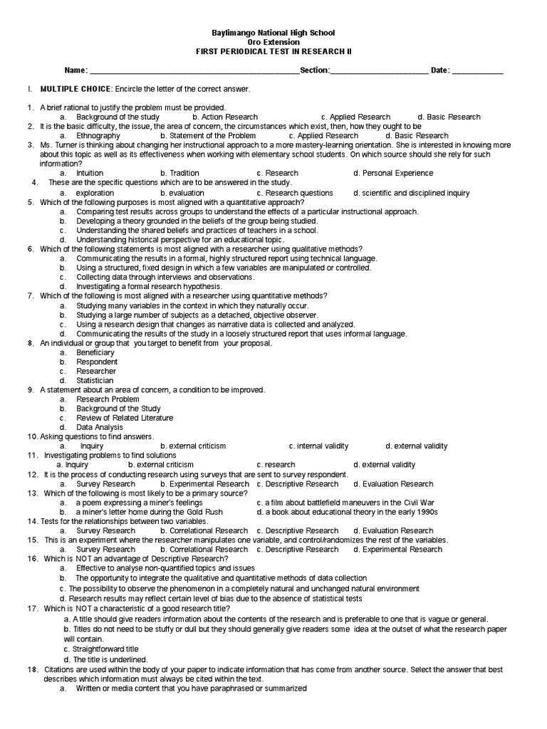 Research II Periodical Test Guide | PDF | Experiment | Qualitative Research