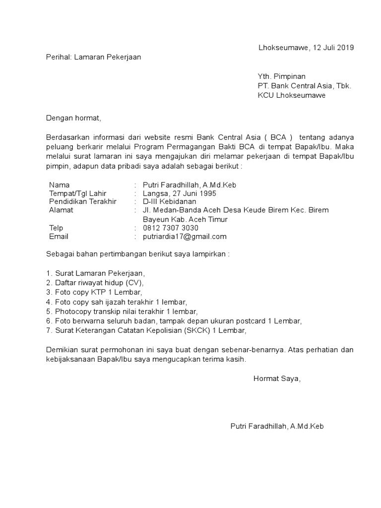 Surat Lamaran Bank Bca ~ contoh surat lamaran