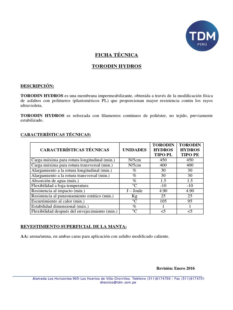 TORODIN HYDROS Manta Asfaltica TDM | PDF | Materiales | Química