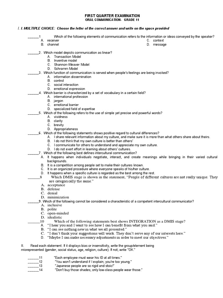 First Quarter Exam Oral Communication GR 11 | PDF | Communication ...
