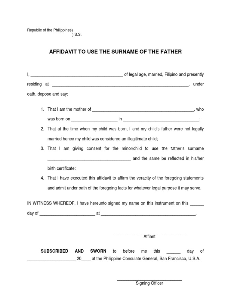 Affidavit To Use The Surname of The Father | PDF